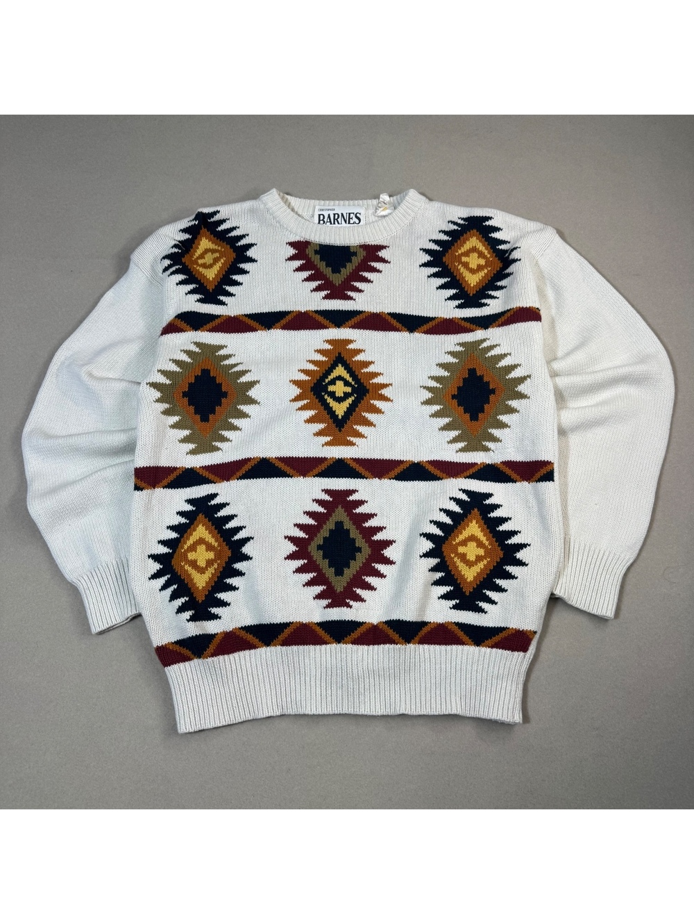 Vintage 90s Christopher Barnes Aztec Knit Sweater M Cream Southwestern Cotton